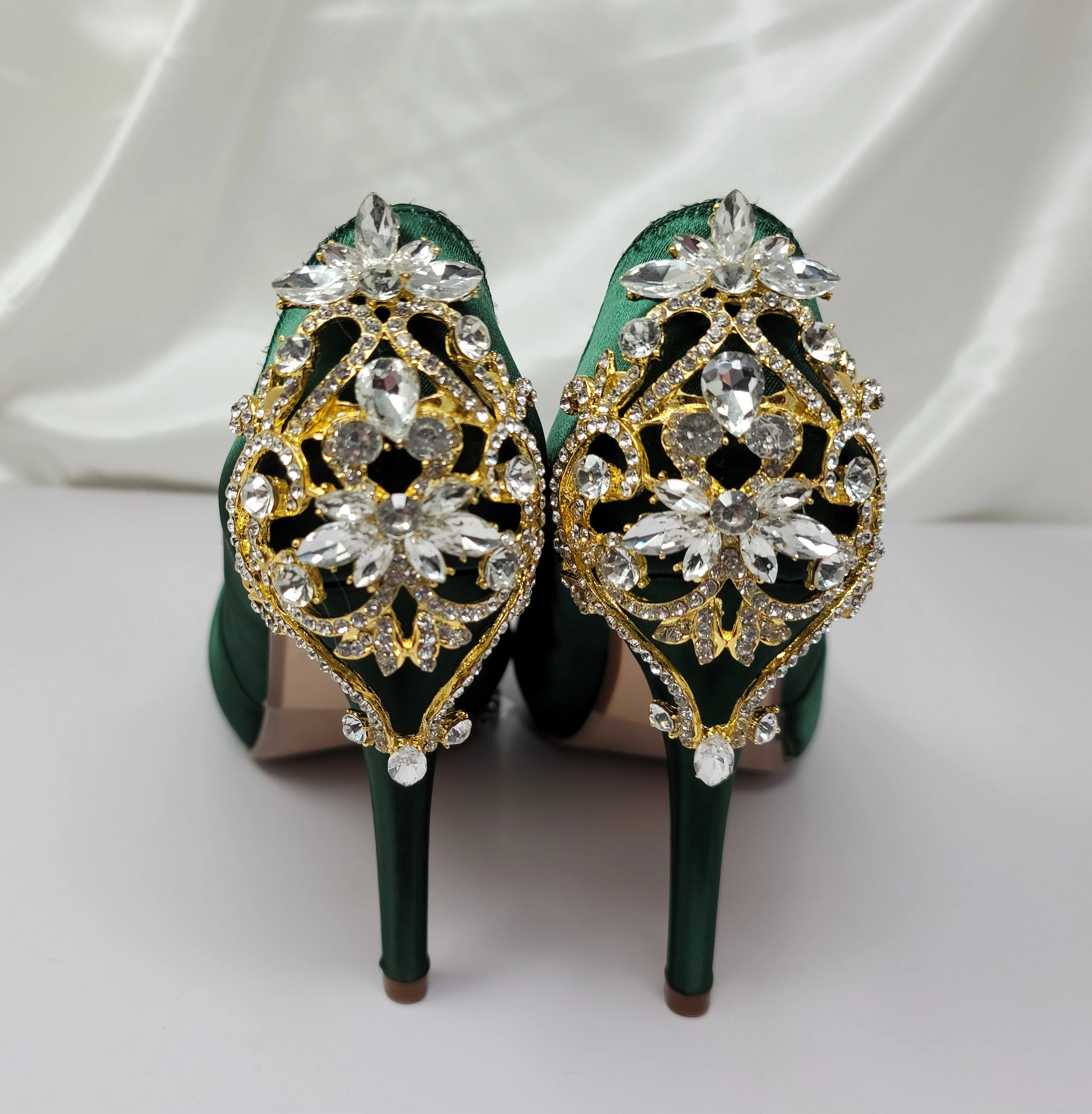 Hunter Green Wedding Shoes with Crystal Heel Gold Design