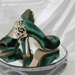 Hunter Green Wedding Shoes with Crystal Heel Gold Design