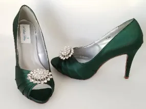 Hunter Green Wedding Shoes with Crystal Oval Design