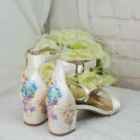 Ivory Block Heel Bridal Sandals, Low heels, Embroidered Wedding Shoes for Bride