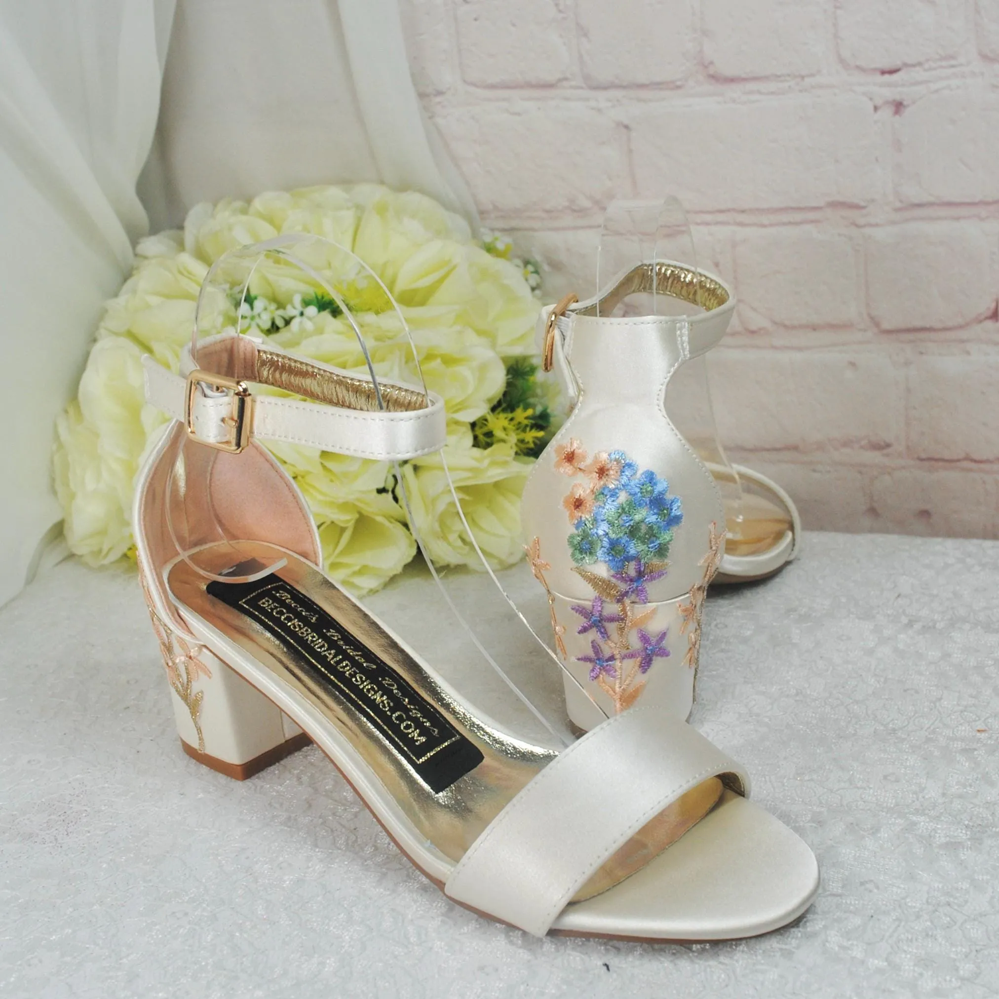 Ivory Block Heel Bridal Sandals, Low heels, Embroidered Wedding Shoes for Bride