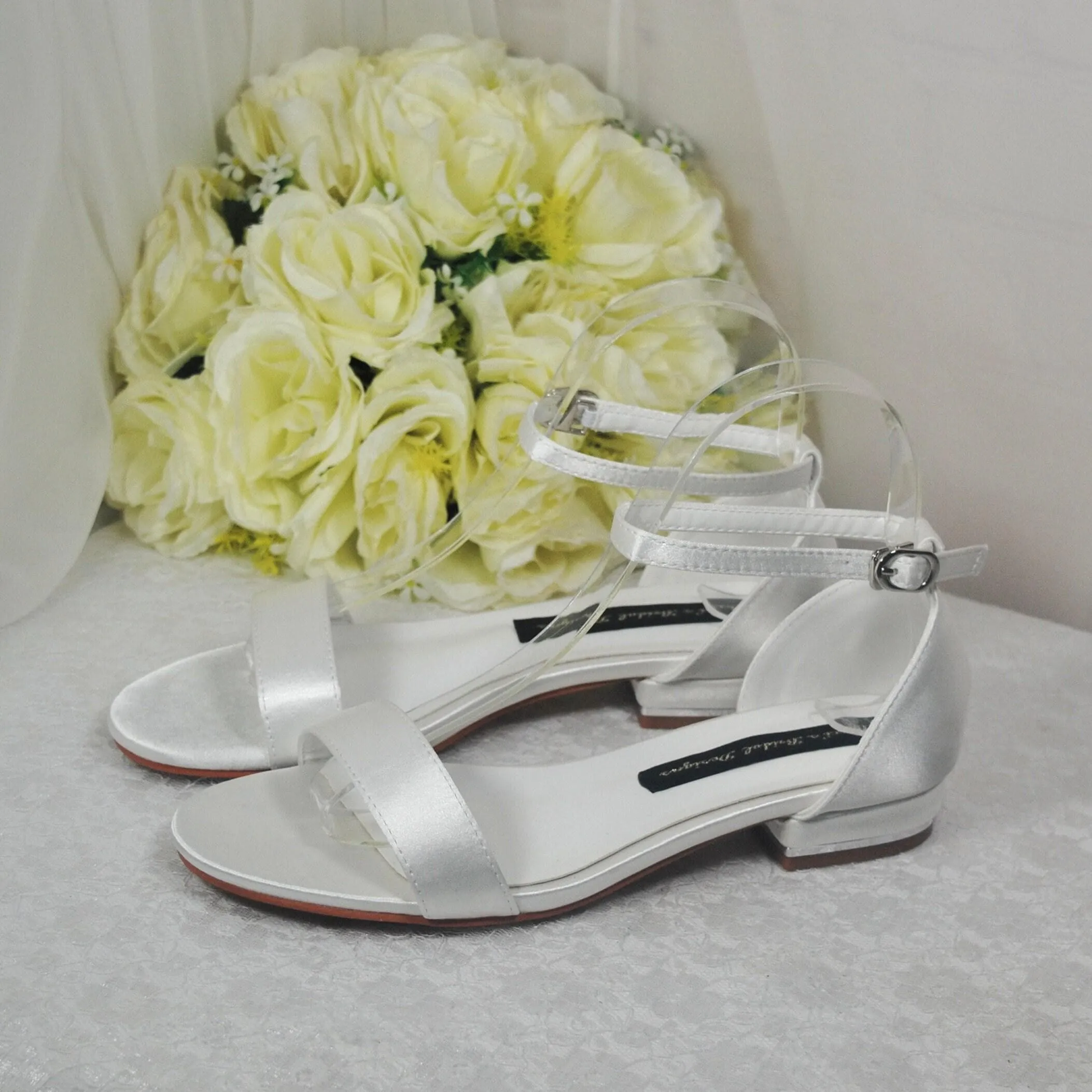 Ivory Satin Flat Summer Sandals Beach Wedding Bridal Shoes with Ankle Strap - Size UK6/US8.5