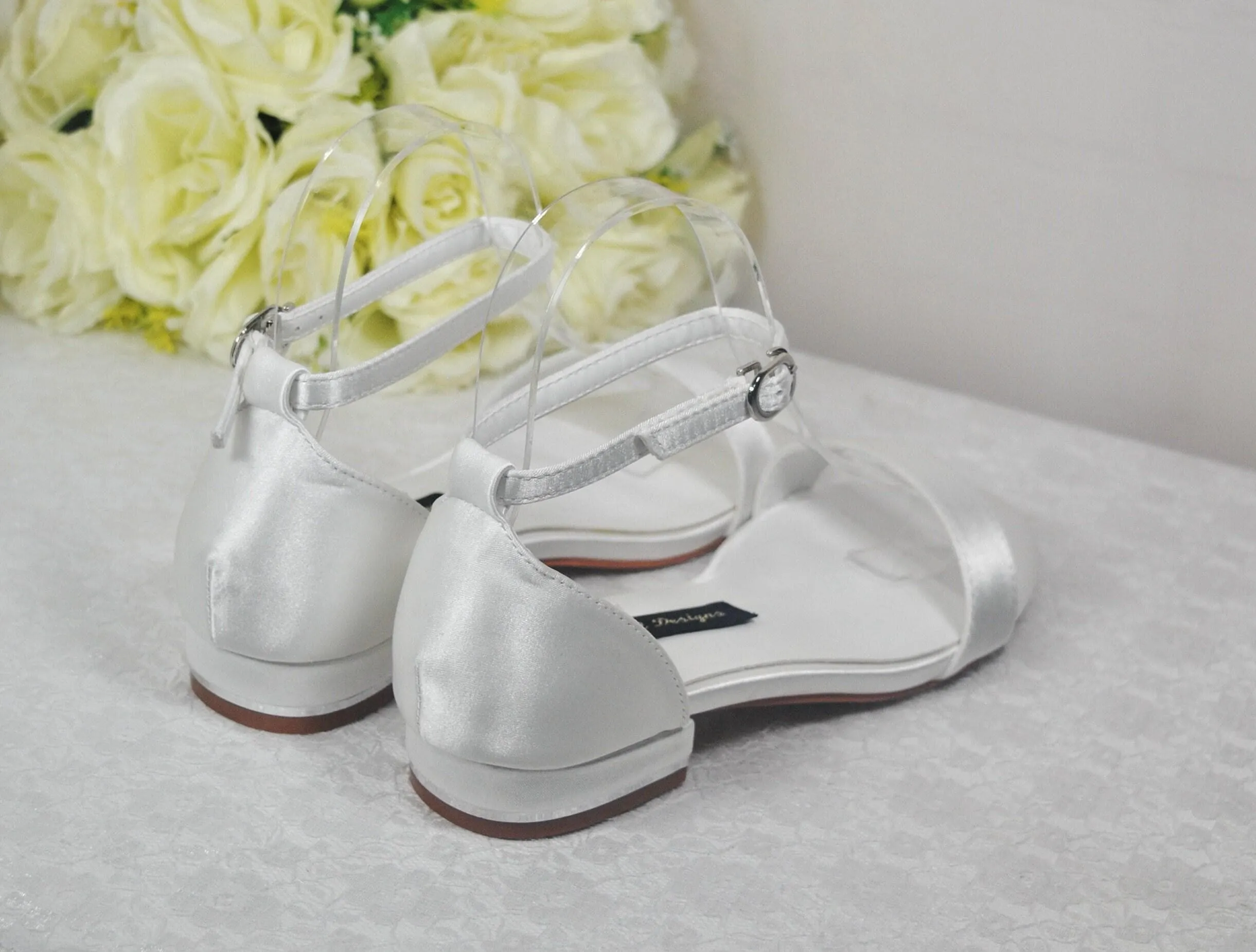 Ivory Satin Flat Summer Sandals Beach Wedding Bridal Shoes with Ankle Strap - Size UK6/US8.5