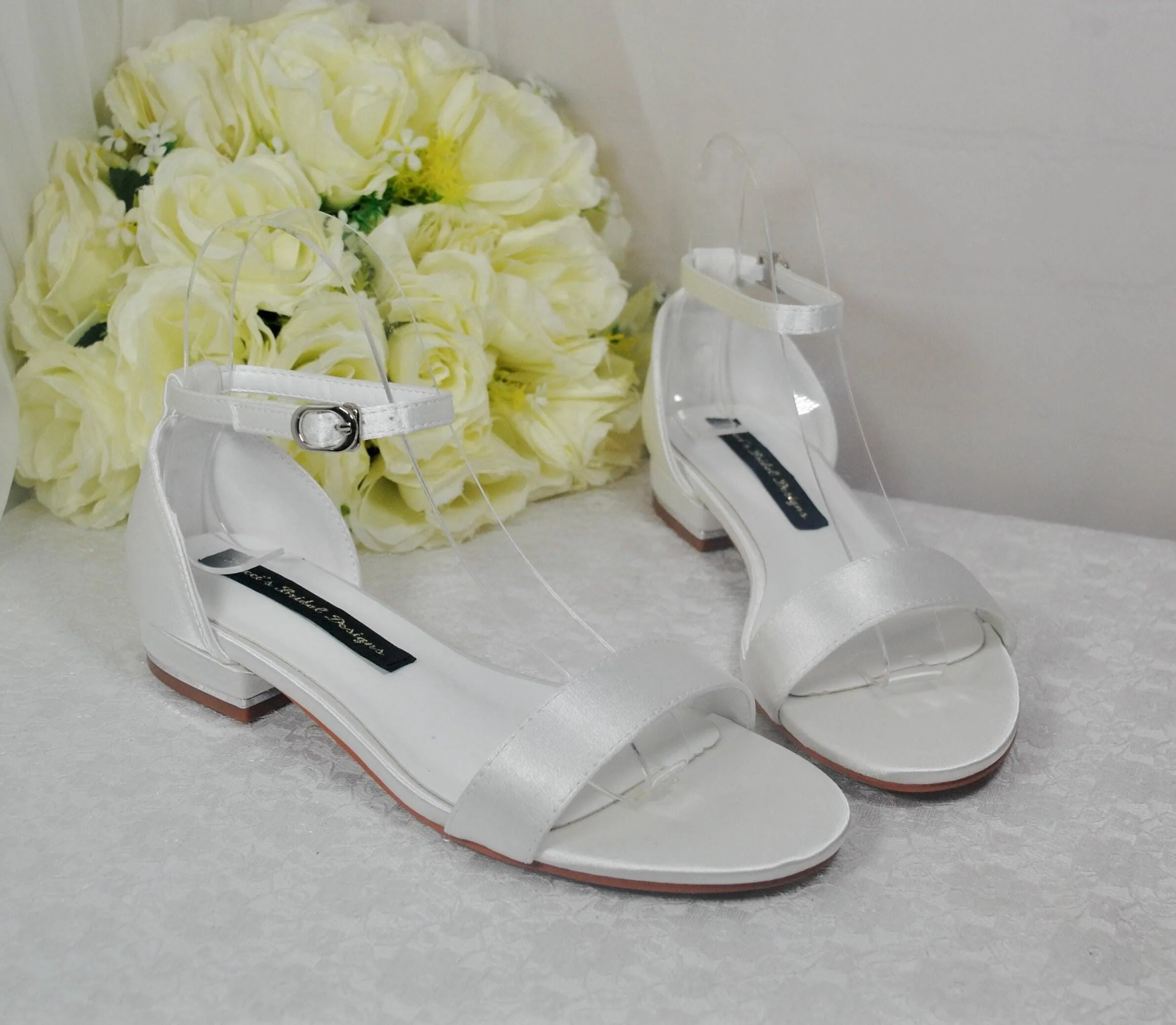 Ivory Satin Flat Summer Sandals Beach Wedding Bridal Shoes with Ankle Strap - Size UK6/US8.5
