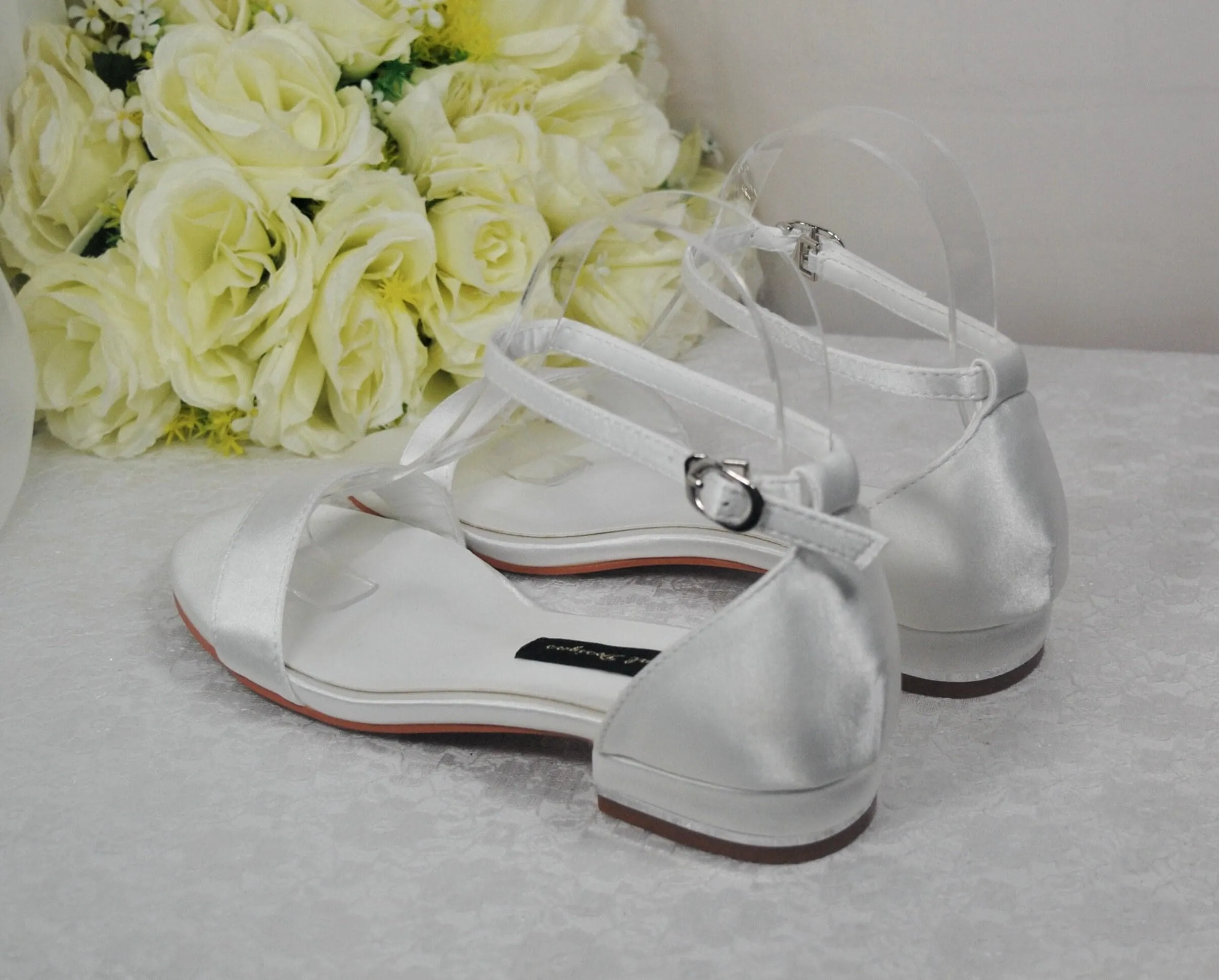 Ivory Satin Flat Summer Sandals Beach Wedding Bridal Shoes with Ankle Strap - Size UK6/US8.5