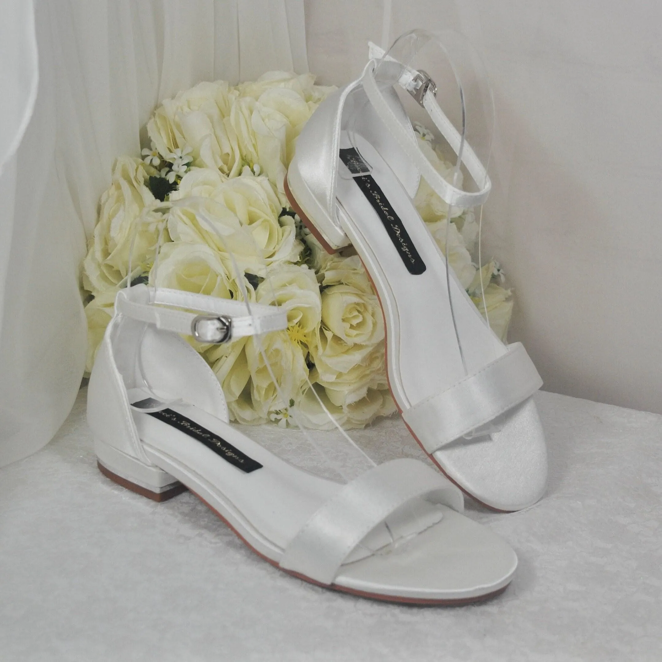 Ivory Satin Flat Summer Sandals Beach Wedding Bridal Shoes with Ankle Strap - Size UK6/US8.5