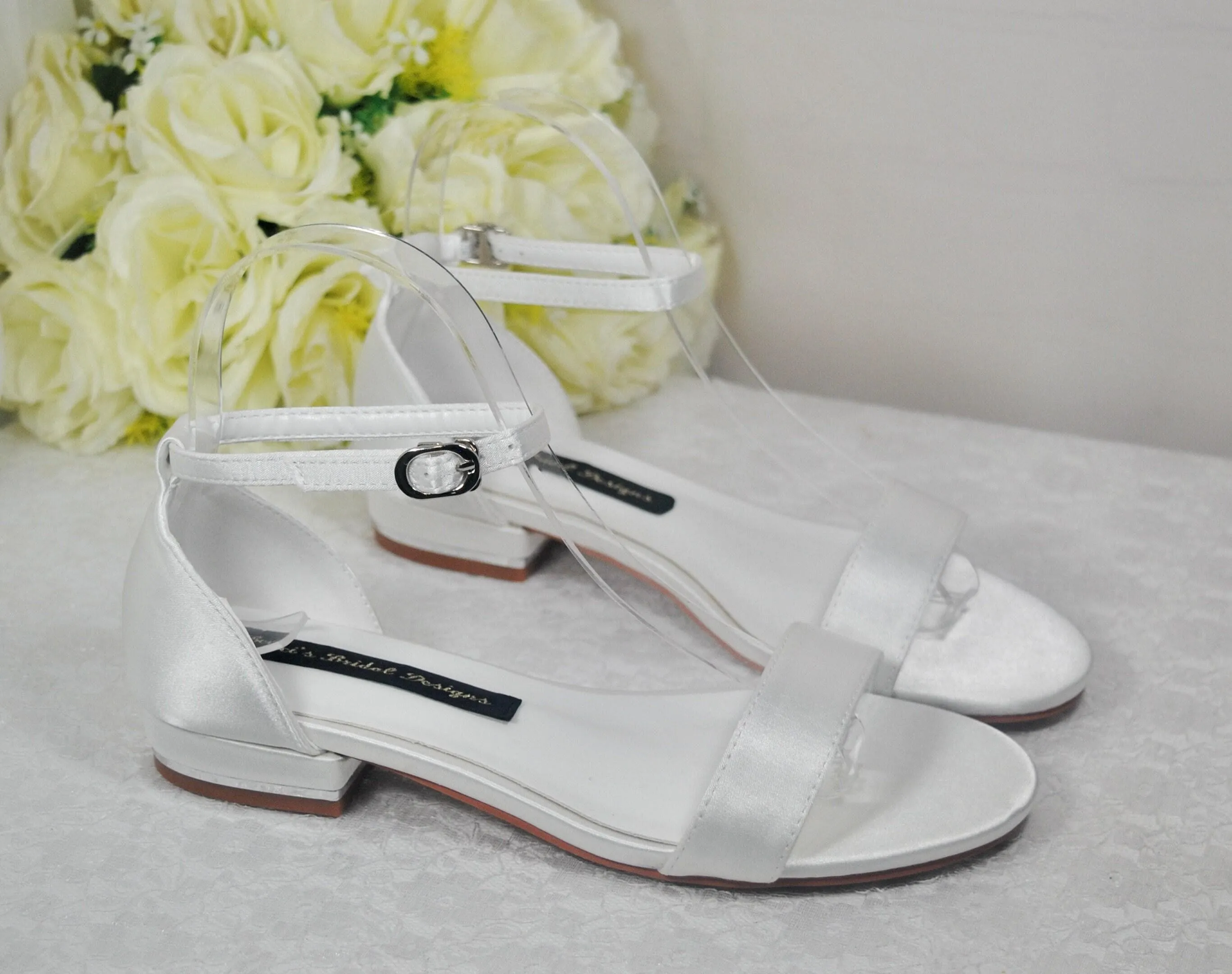 Ivory Satin Flat Summer Sandals Beach Wedding Bridal Shoes with Ankle Strap - Size UK6/US8.5