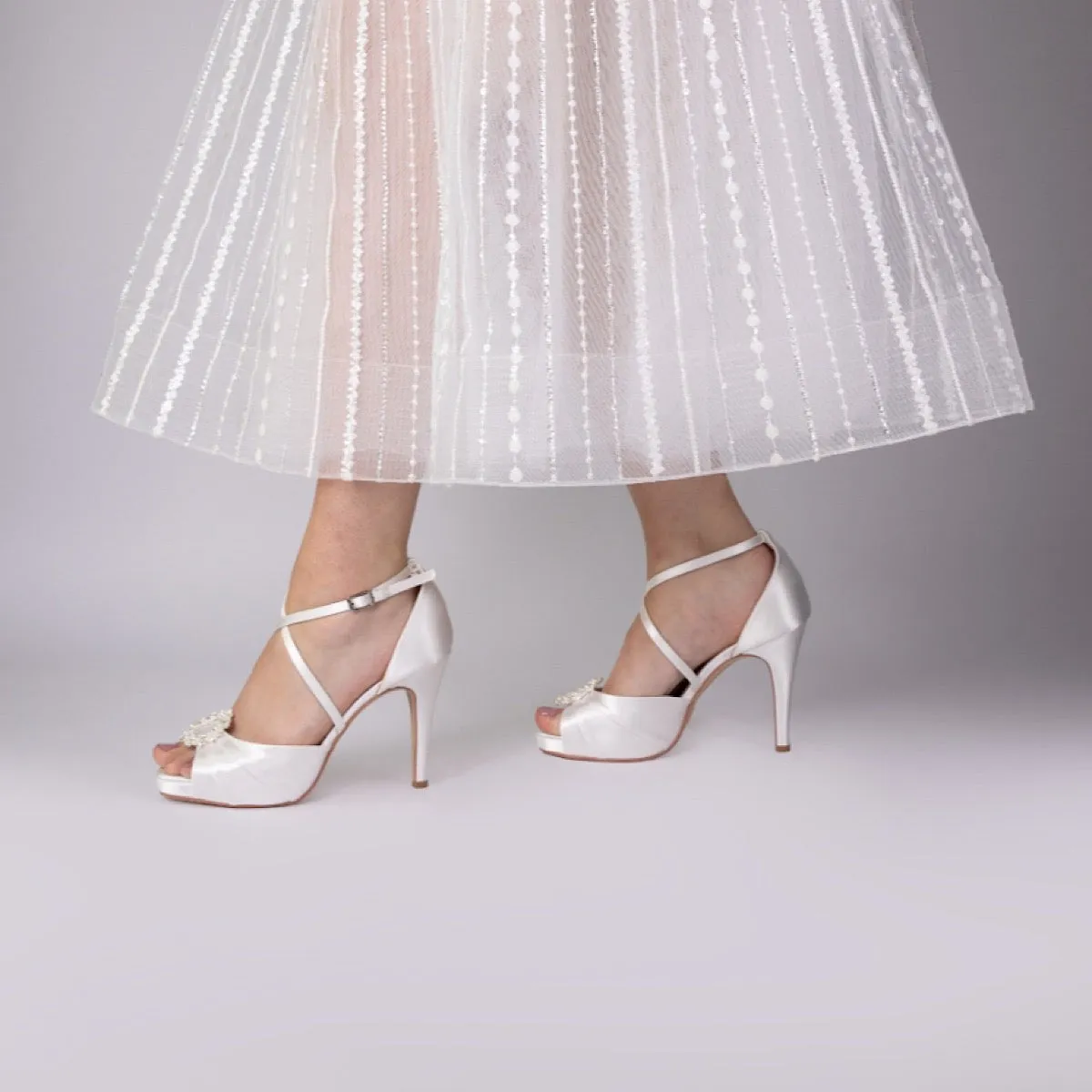 Ivory Satin Wedding Shoe High Heel Platform By Perfect Bridal, Charlotte