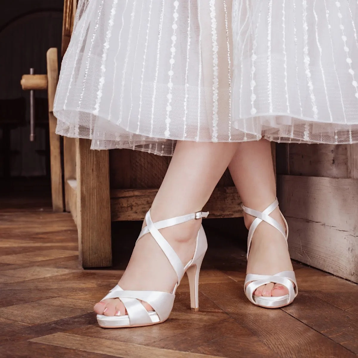 Ivory Satin Wedding Shoe High Heel Platform Sandals By Perfect Bridal, Kendall