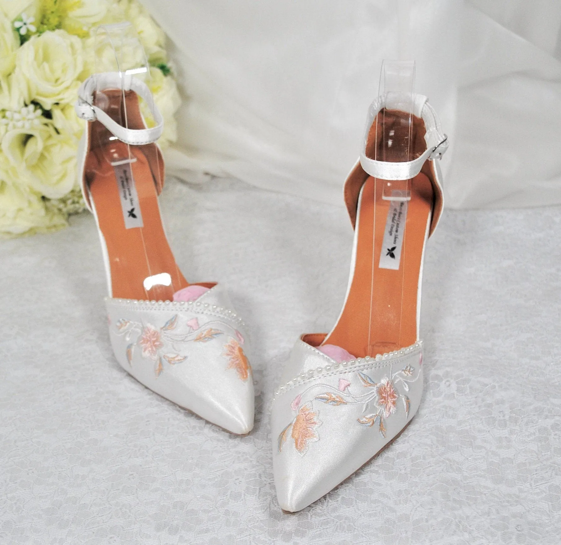 Ivory Wedding Shoes, Embroidered Satin Heels- Size UK5/US7.5