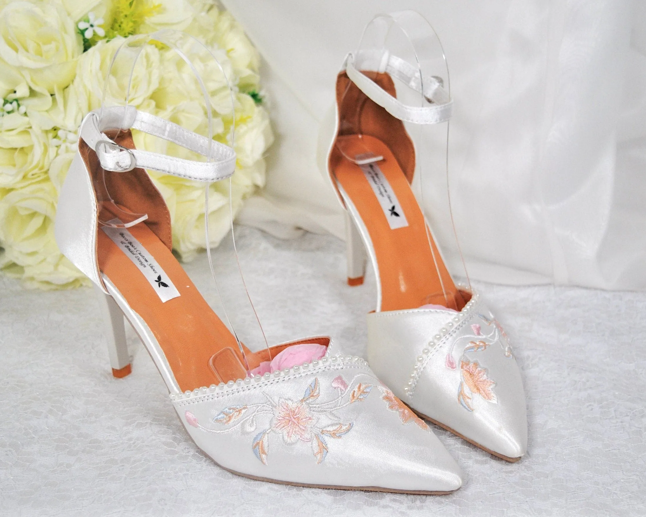 Ivory Wedding Shoes, Embroidered Satin Heels- Size UK5/US7.5