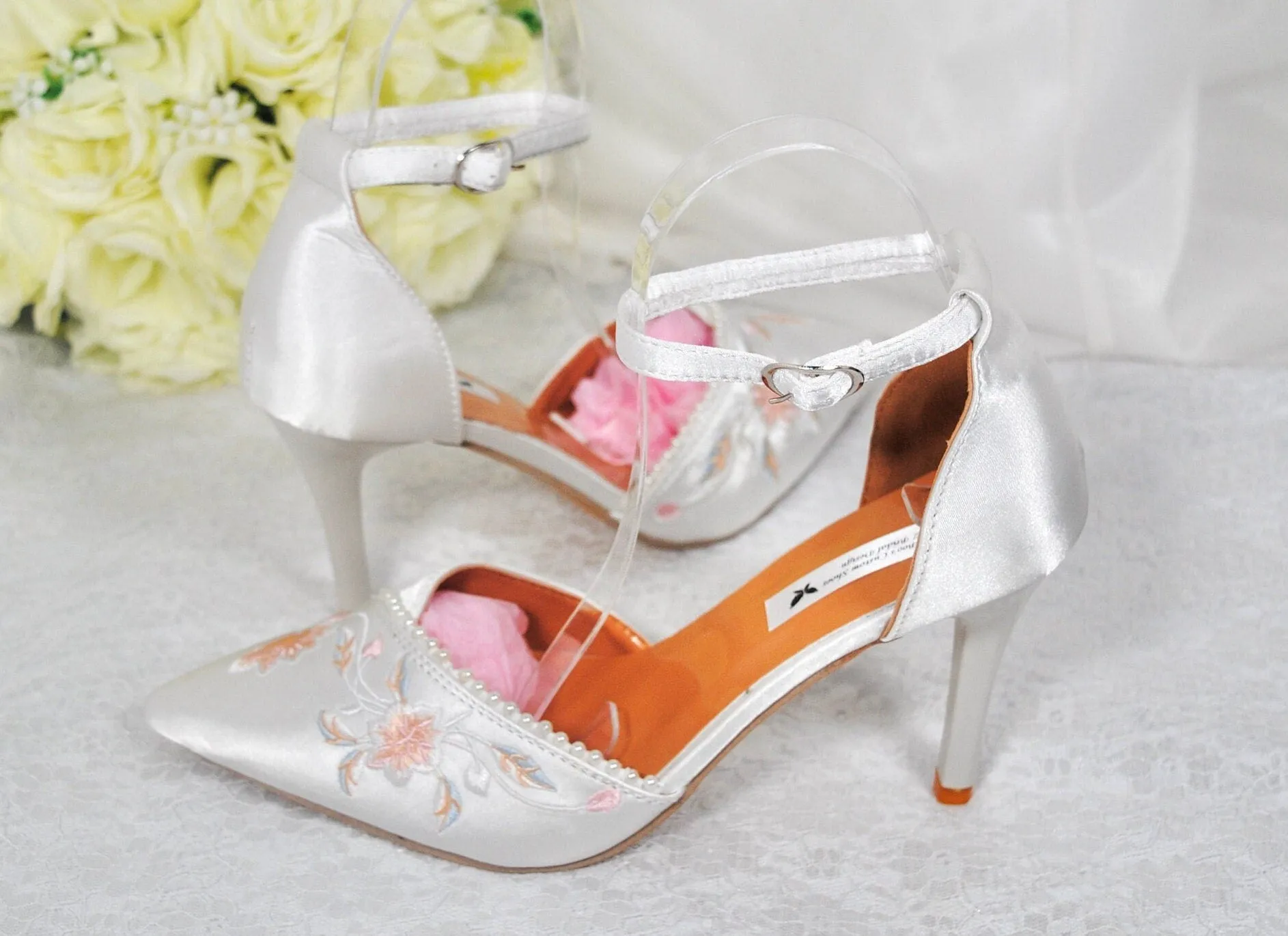 Ivory Wedding Shoes, Embroidered Satin Heels- Size UK5/US7.5