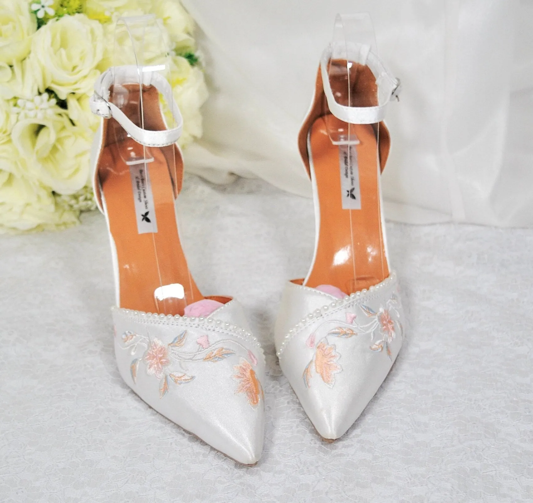 Ivory Wedding Shoes, Embroidered Satin Heels- Size UK5/US7.5