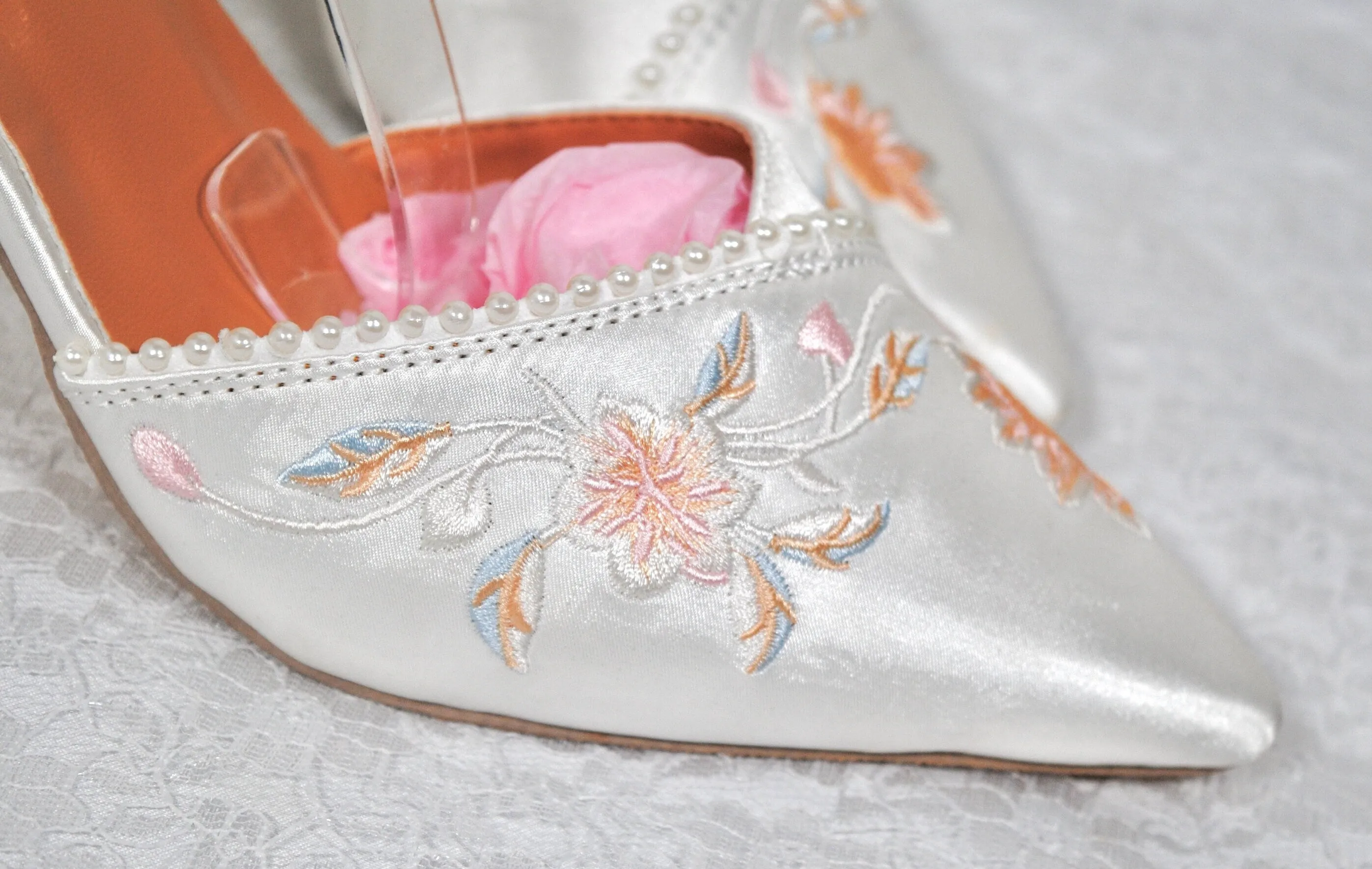 Ivory Wedding Shoes, Embroidered Satin Heels- Size UK5/US7.5
