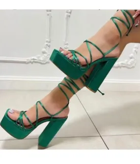 Lace Up Platform High Heels -Green