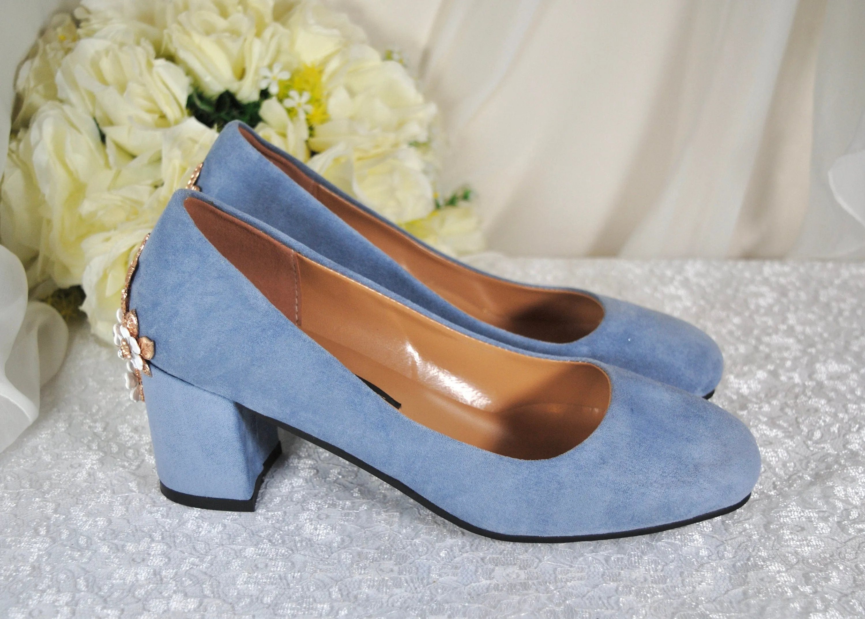 Low Block Heel Blue Suede with 'Cherry Blossom'