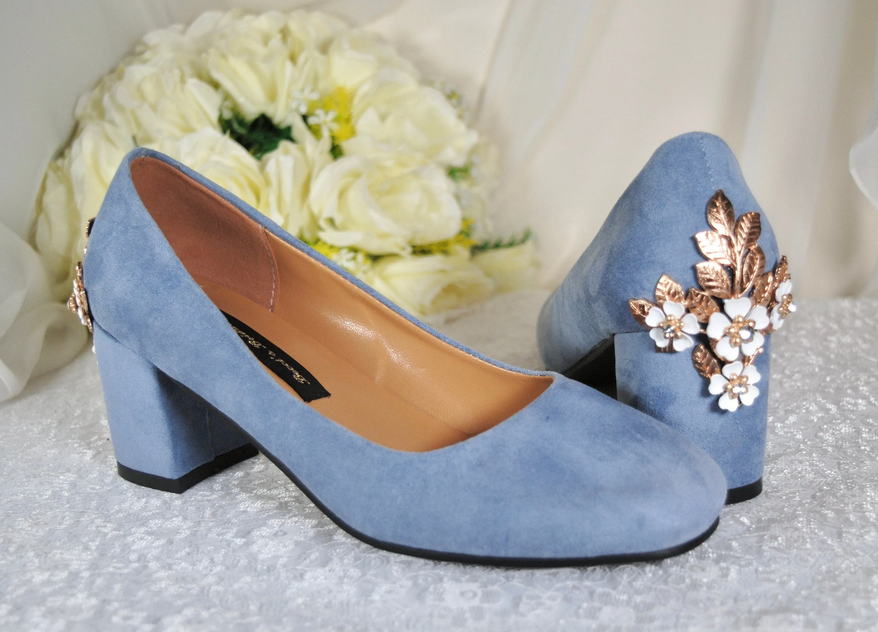 Low Block Heel Blue Suede with 'Cherry Blossom'
