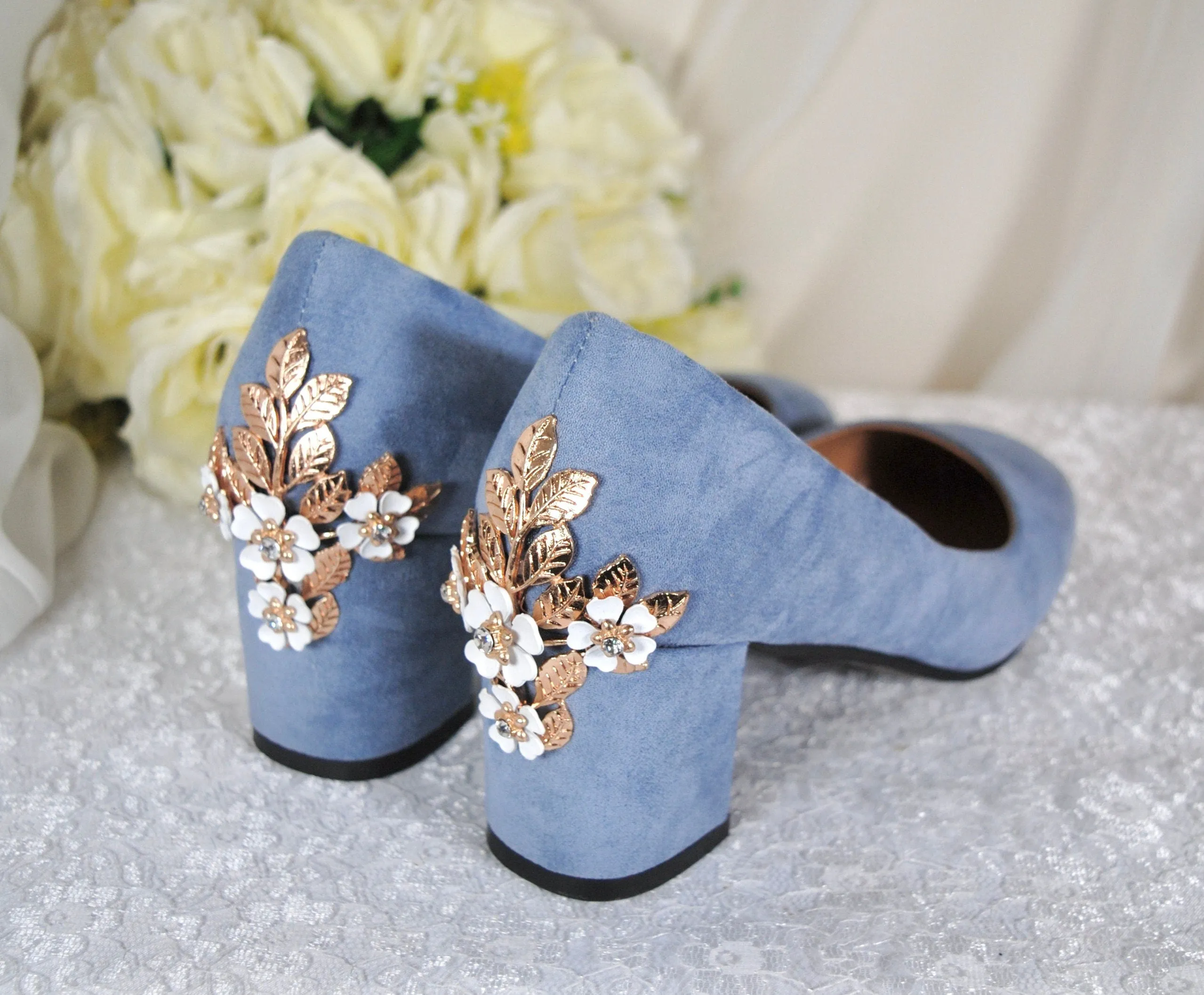 Low Block Heel Blue Suede with 'Cherry Blossom'