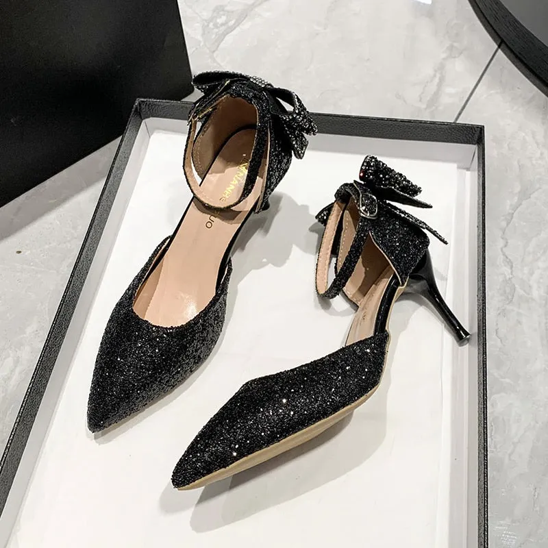 Luxury Silver Sequin High Heels Wedding Shoes Women 2023 Autumn Crystal Bowtie Ankle Straps Bridal Shoes Woman Thin Heeled Pumps