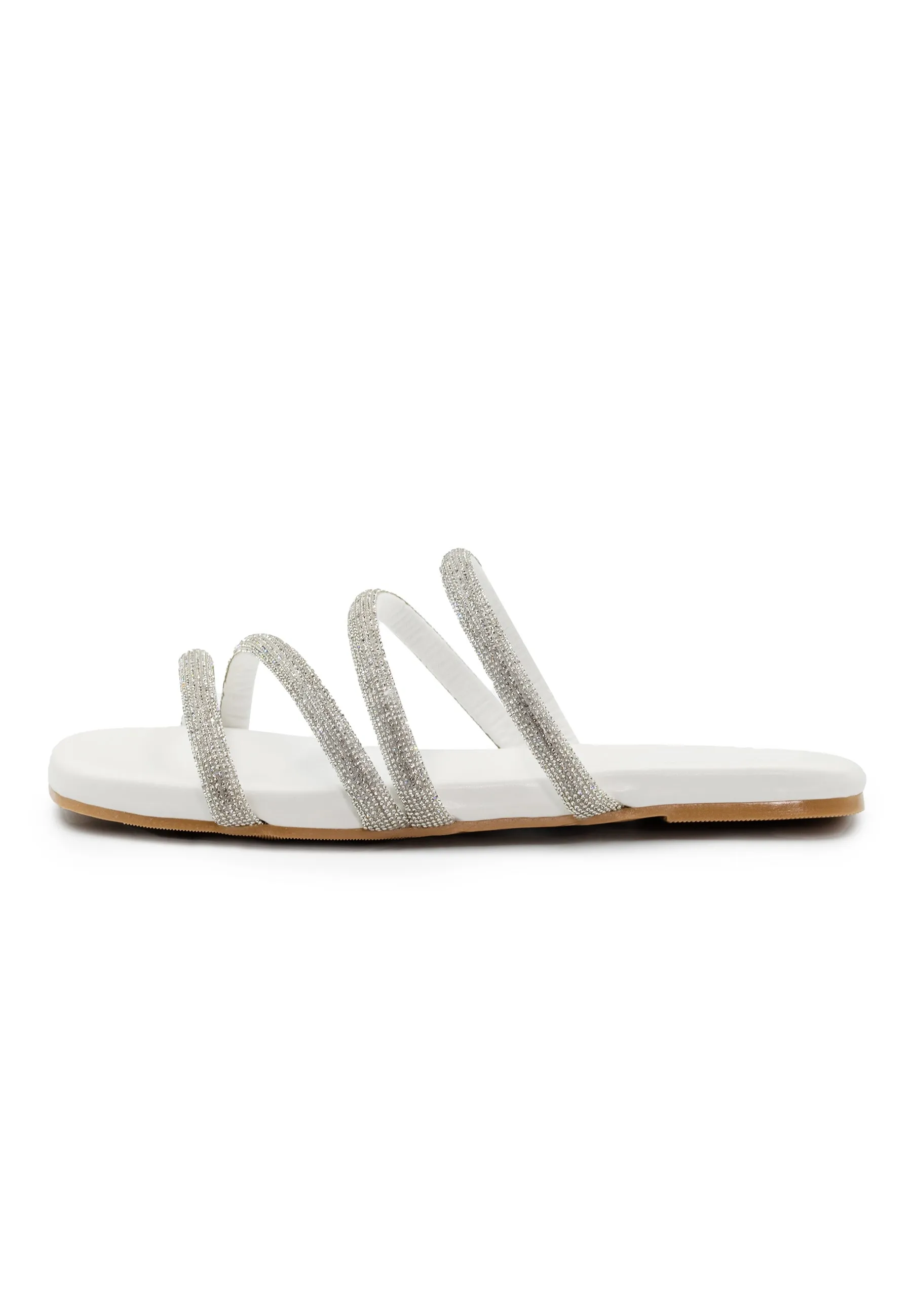 MAHIN STRAPPY SLIP ON SILDERS WITH DIAMANTE DETAIL IN WHITE FAUX LEATHER