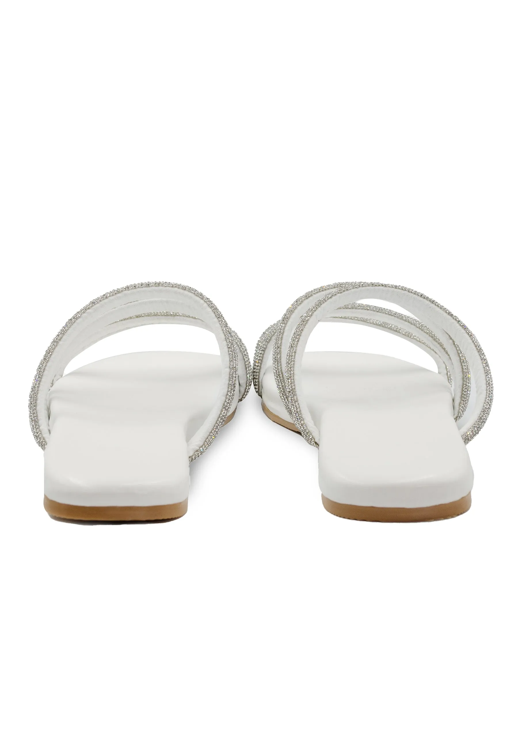 MAHIN STRAPPY SLIP ON SILDERS WITH DIAMANTE DETAIL IN WHITE FAUX LEATHER