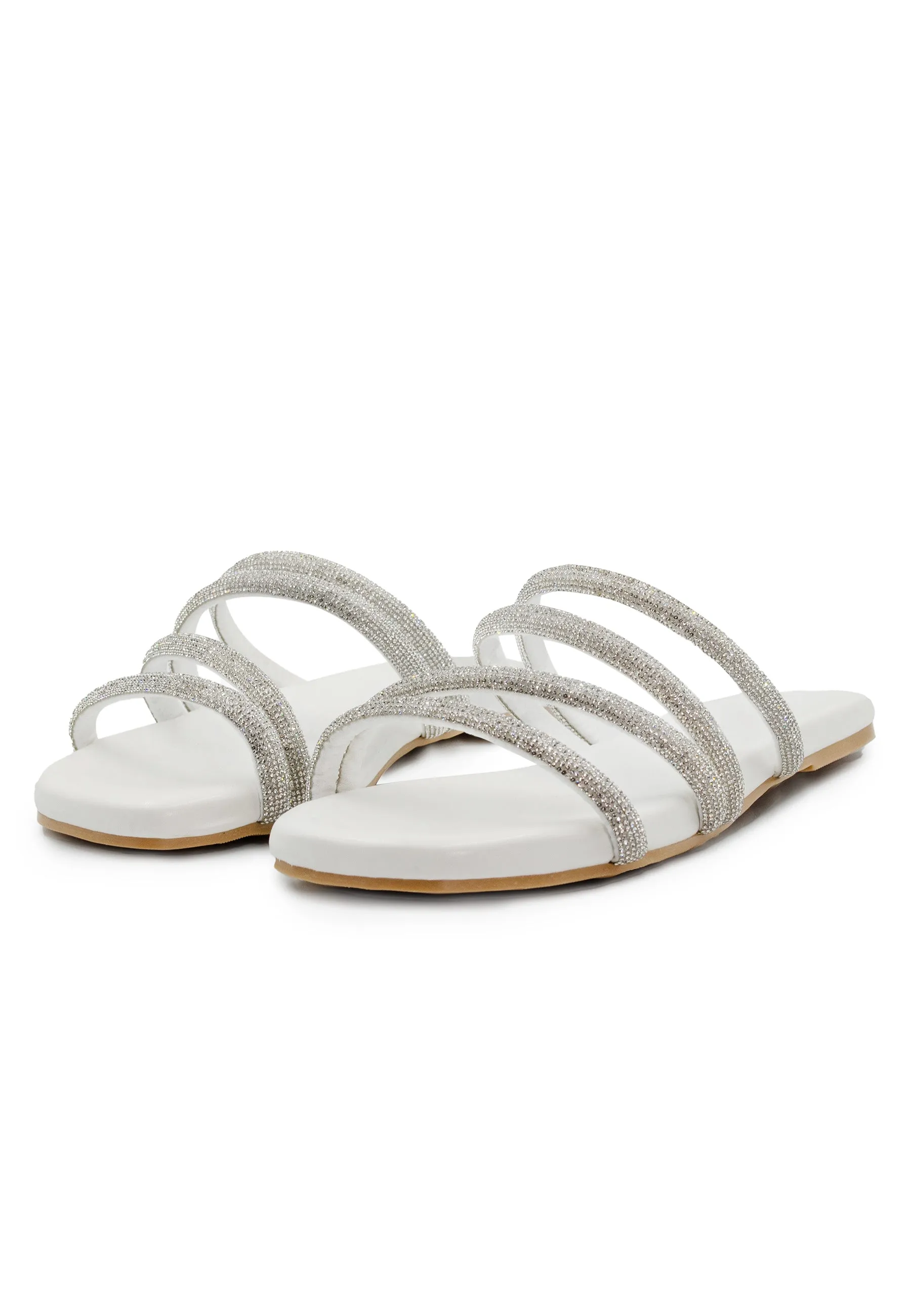 MAHIN STRAPPY SLIP ON SILDERS WITH DIAMANTE DETAIL IN WHITE FAUX LEATHER