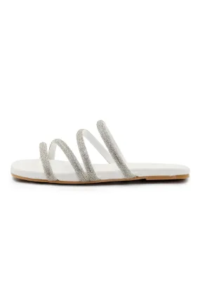 MAHIN STRAPPY SLIP ON SILDERS WITH DIAMANTE DETAIL IN WHITE FAUX LEATHER