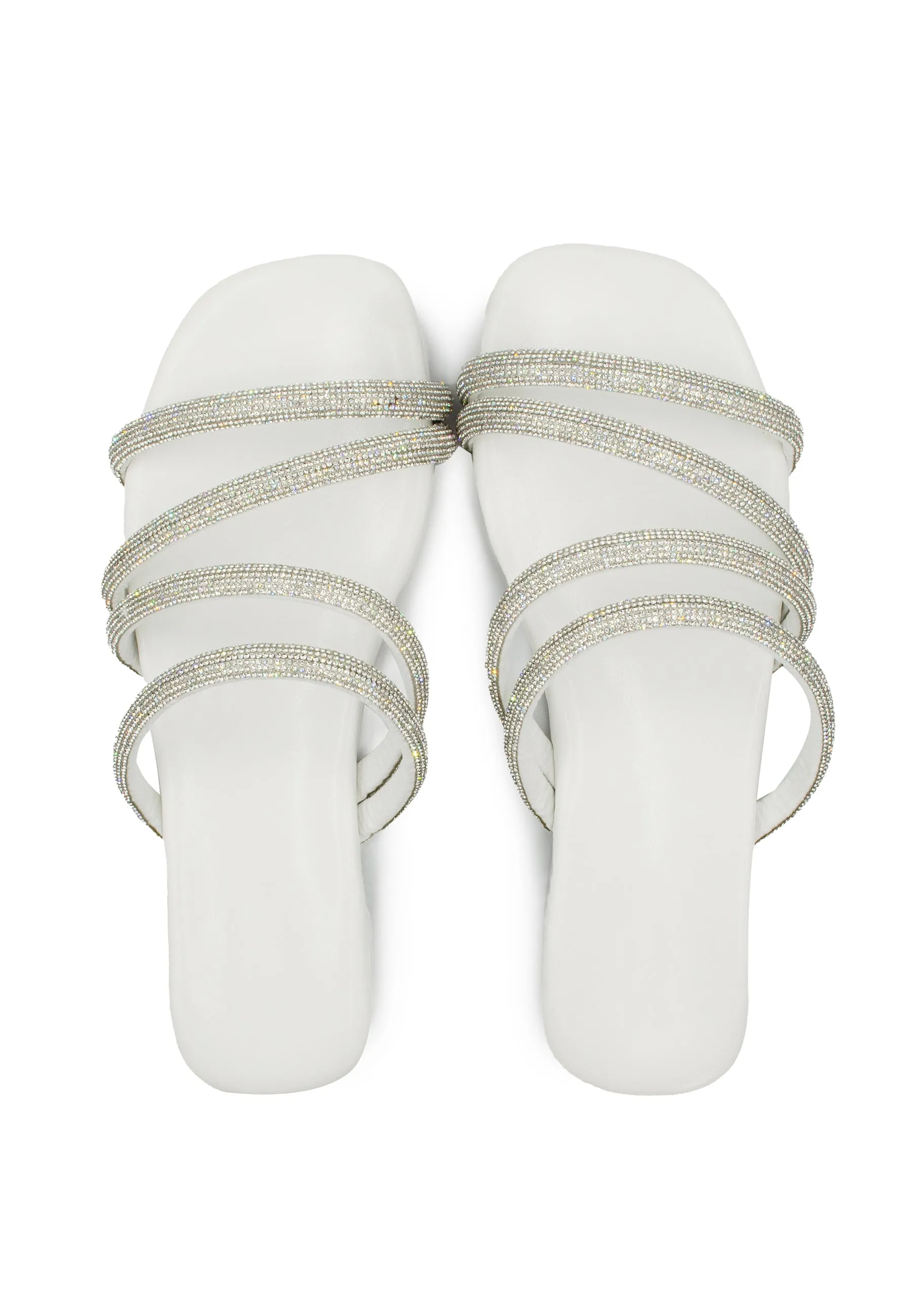 MAHIN STRAPPY SLIP ON SILDERS WITH DIAMANTE DETAIL IN WHITE FAUX LEATHER