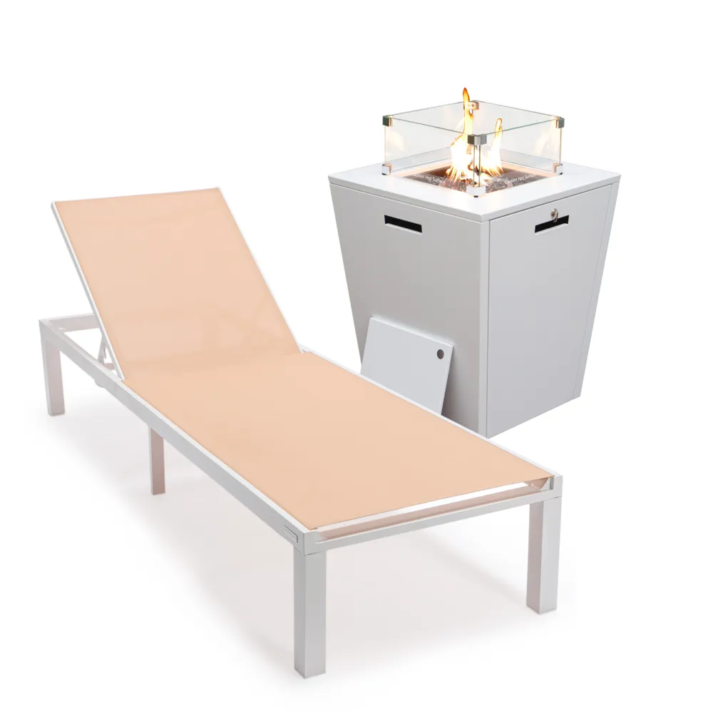 Marlin Patio Chaise Lounge Chair and Square Fire Pit Table Set