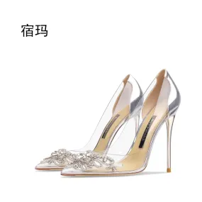 New Comfortable Transparent Women Pointed Toe Pumps Clear Rhinestones High Heel Shoes
