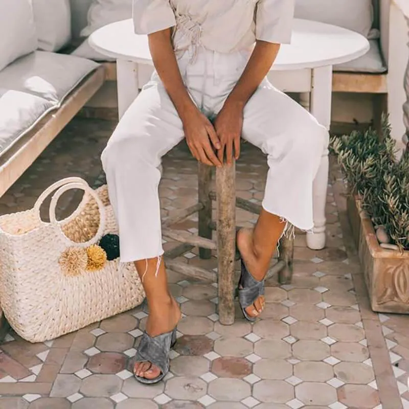 Open Toe Leather Low Chunky Heel Slide Sandals