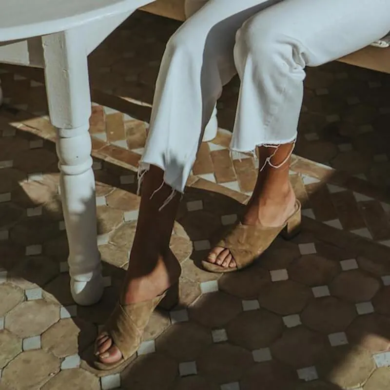 Open Toe Leather Low Chunky Heel Slide Sandals
