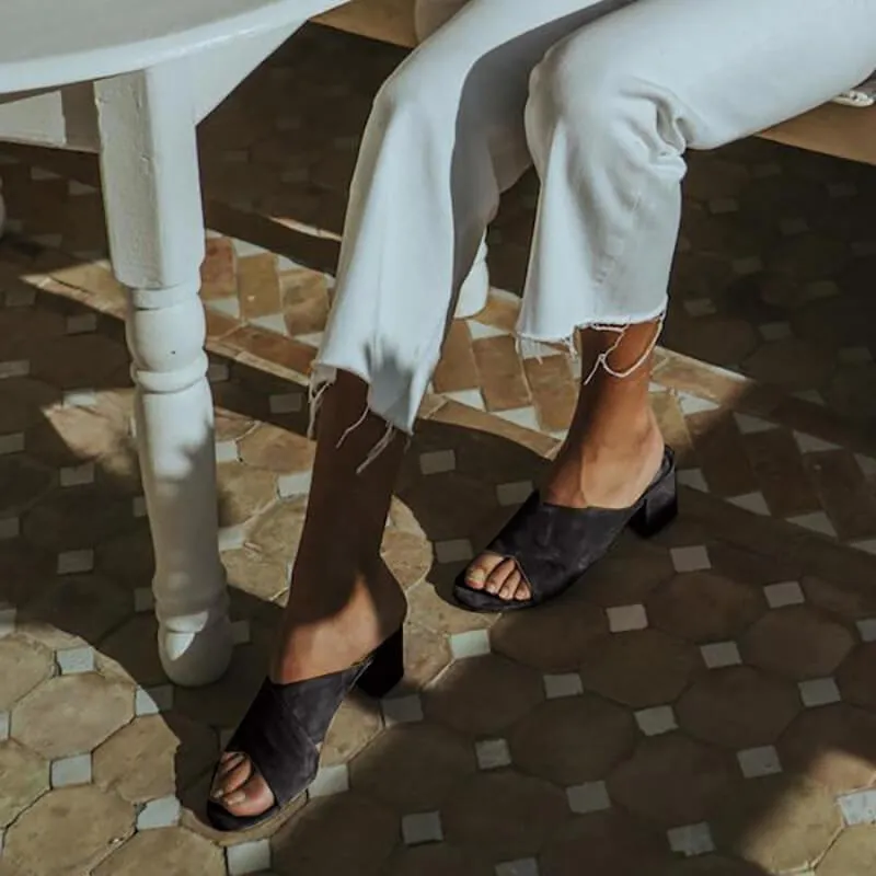 Open Toe Leather Low Chunky Heel Slide Sandals