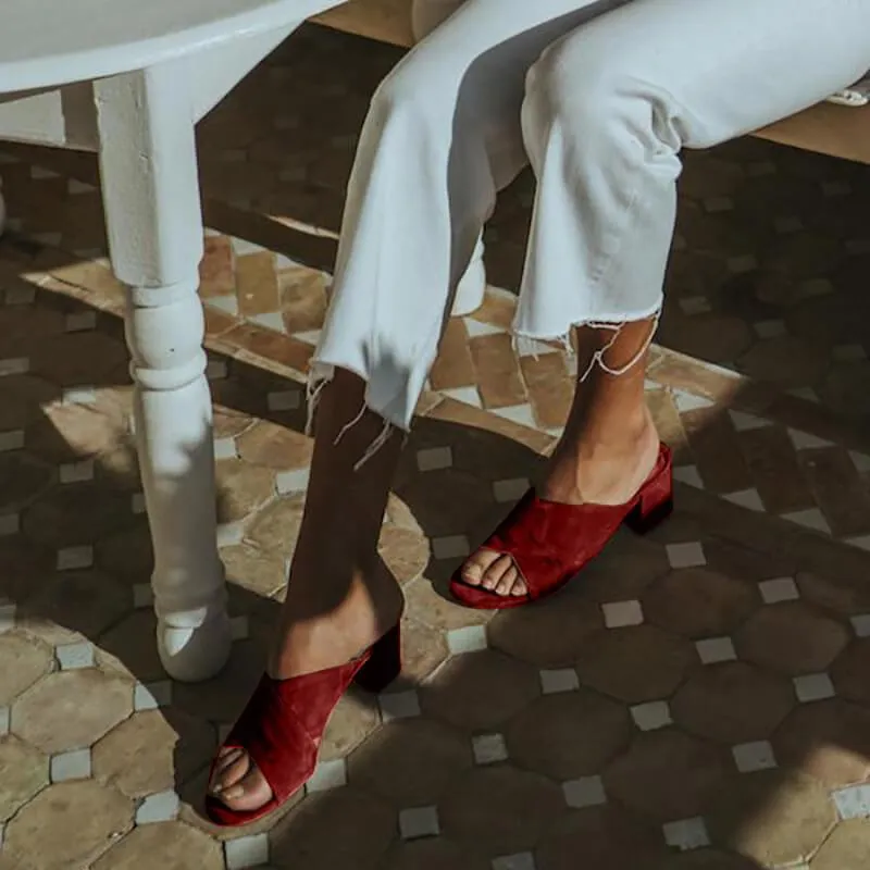 Open Toe Leather Low Chunky Heel Slide Sandals