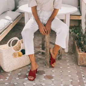 Open Toe Leather Low Chunky Heel Slide Sandals