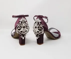 Purple Wedding Shoes with Chunky Heel Crystal Back Design