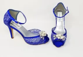 Royal Blue Bridal Shoes with Pearl and Crystal Cascade Design