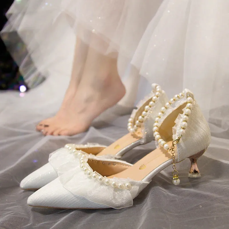 Sohiwoo Luxury Silk White Wedding Shoes for Women Summer Pearl Ankle Straps High Heels Pumps Woman Pointed Toe Heeled Dress Shoes