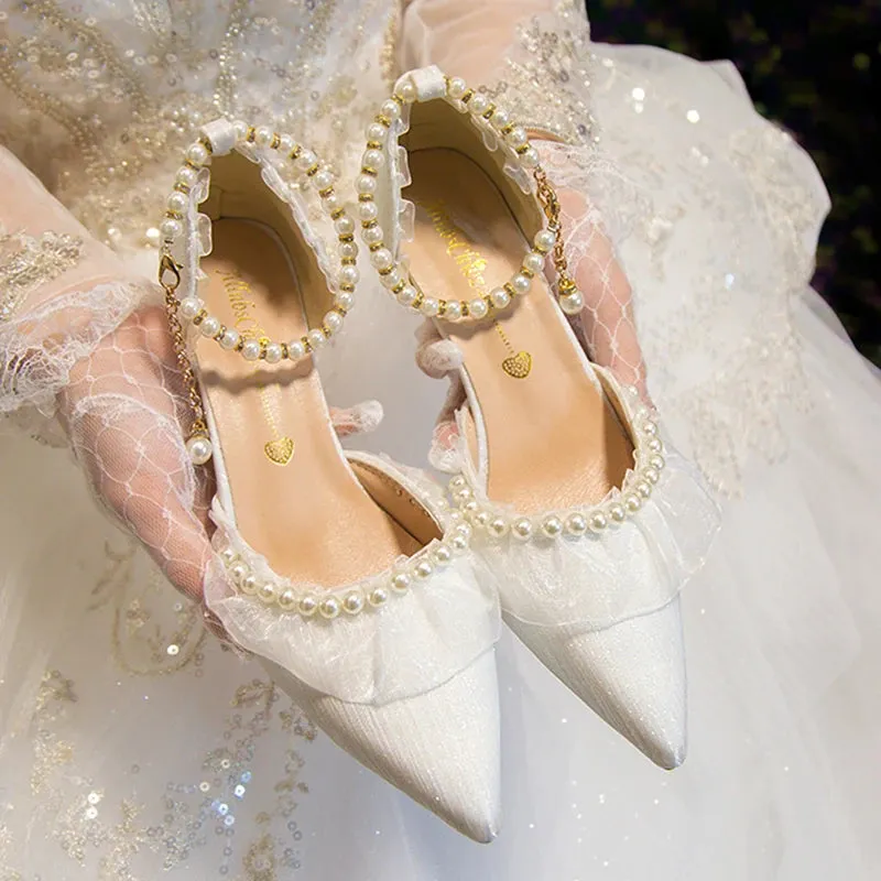 Sohiwoo Luxury Silk White Wedding Shoes for Women Summer Pearl Ankle Straps High Heels Pumps Woman Pointed Toe Heeled Dress Shoes