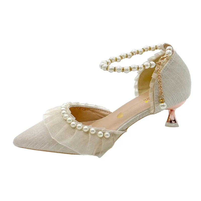 Sohiwoo Luxury Silk White Wedding Shoes for Women Summer Pearl Ankle Straps High Heels Pumps Woman Pointed Toe Heeled Dress Shoes