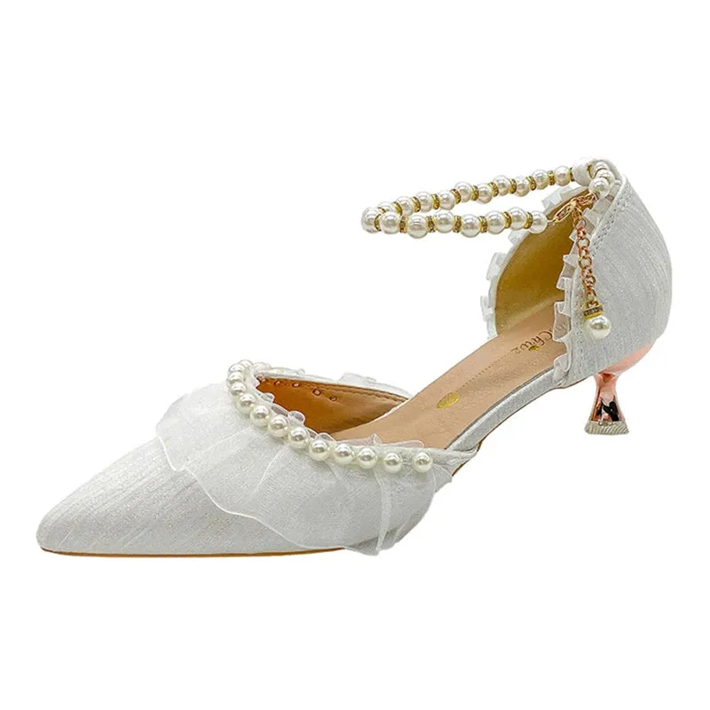 Sohiwoo Luxury Silk White Wedding Shoes for Women Summer Pearl Ankle Straps High Heels Pumps Woman Pointed Toe Heeled Dress Shoes