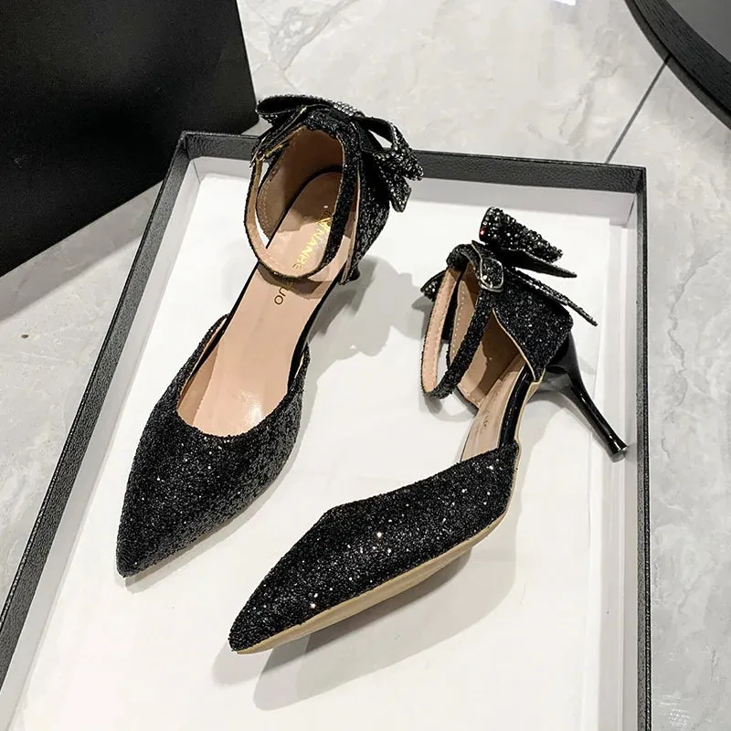 Sohiwoo Luxury Silver Sequin High Heels Wedding Shoes Women Autumn Crystal Bowtie Ankle Straps Bridal Shoes Woman Thin Heeled Pumps