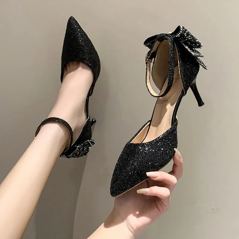 Sohiwoo Luxury Silver Sequin High Heels Wedding Shoes Women Autumn Crystal Bowtie Ankle Straps Bridal Shoes Woman Thin Heeled Pumps