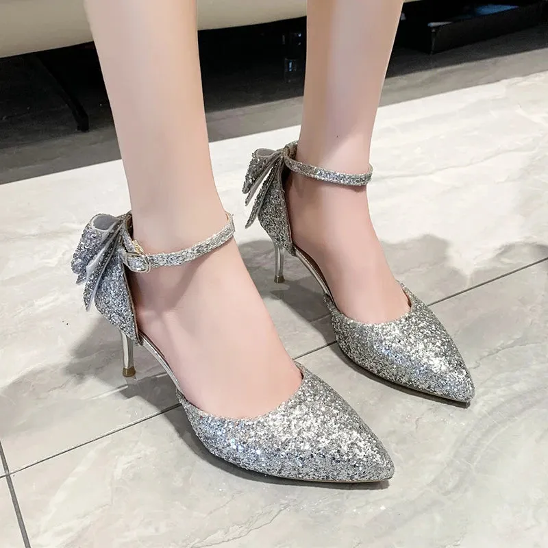 Sohiwoo Luxury Silver Sequin High Heels Wedding Shoes Women Autumn Crystal Bowtie Ankle Straps Bridal Shoes Woman Thin Heeled Pumps