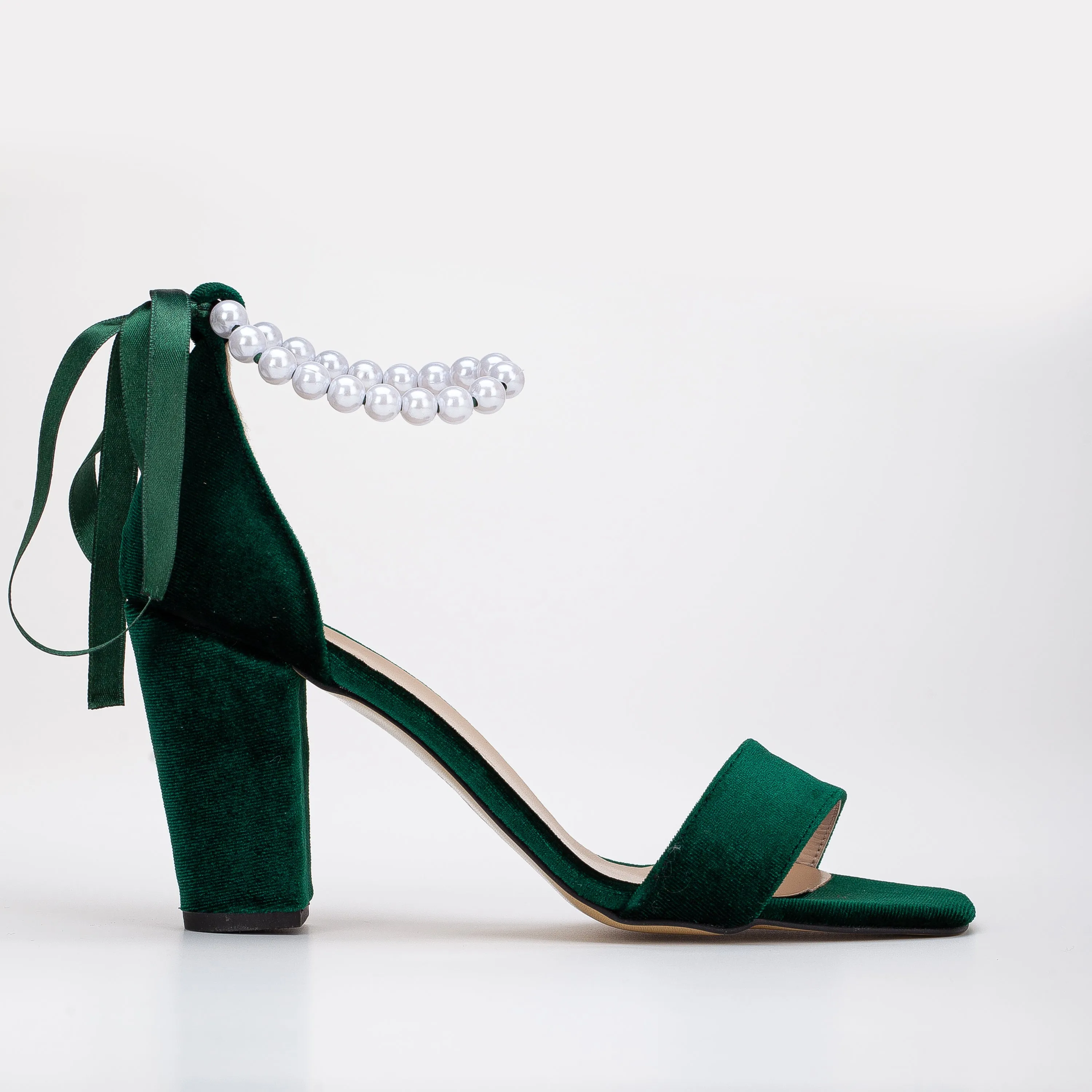 Sophia - Green Velvet Pearl Wedding Sandals