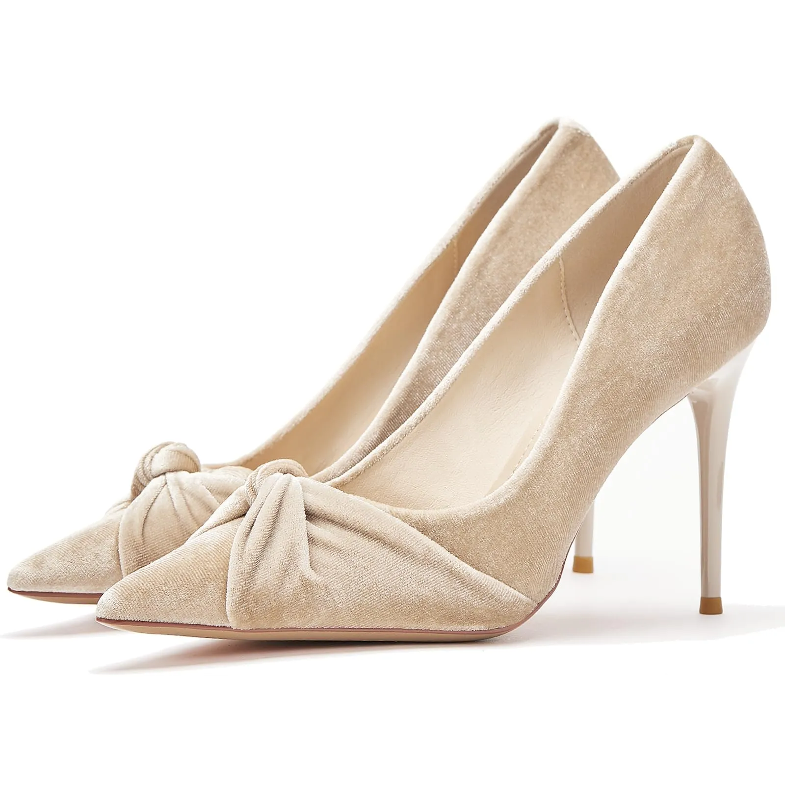 stylewe Velvet Heels for Women, Dressy High Heels with Twist Bow Knot, Stiletto Heels for Women Apricot