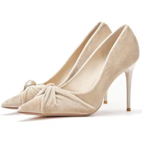 stylewe Velvet Heels for Women, Dressy High Heels with Twist Bow Knot, Stiletto Heels for Women Apricot