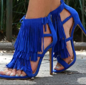 Suede Fringe Open Toe Cutout High Heel Sandals