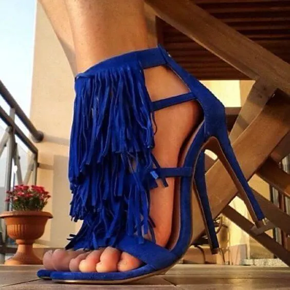 Suede Fringe Open Toe Cutout High Heel Sandals