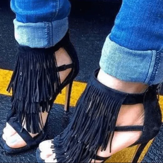 Suede Fringe Open Toe Cutout High Heel Sandals